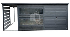 SCHOWEK - DOMEK OGRODOWY PREMIUM 4x2,5 m + wiata 1,2 x 2,5 m - spad tył - brama dwuskrzydłowa - drzwi - 3x okno - antracyt  ID532