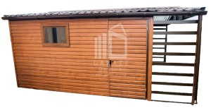 GARAŻ BLASZANY 3m x 5m poziom - dwuspad - Brama - okno - drzwi - wiata jasny orzech  ID105 4x4