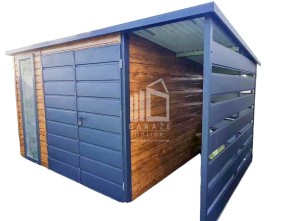 Schowek - Domek Ogrodowy 3x2,5m +wiata 1m - Brama Dwuskrzydłowa - Jasny Orzech - Drewnopodobny - Antracyt - Okno - Dach Dwuspadowy ID609