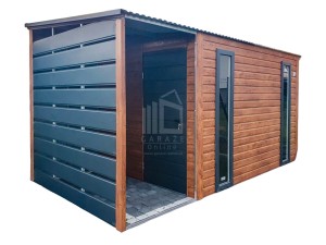 Schowek - Domek Ogrodowy PREMIUM 2,5x2m + Wiata 1m - 2x Okno - Drzwi - Jasny Orzech - Drewnopodobny - Antracyt - Dach spad w przód  ID628