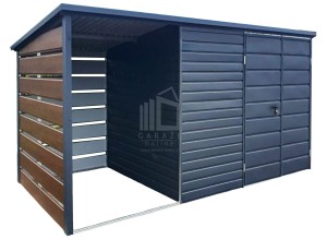 Schowek - Domek Ogrodowy 3x2m + wiata 1,5x2m - Brama dwuskrzydłowa - Antracyt - Ciemny Orzech - Drewnopodobny - Dach spad w tył ID633