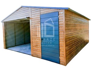 GARAŻ BLASZANY 5m x 5m poziom - dwuspad - Brama uchylna + drzwi - jasny orzech + antracyt ID107 5x5