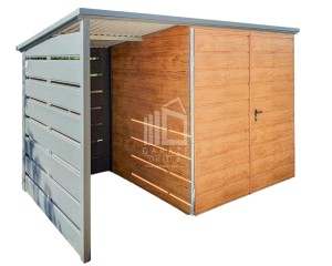 Schowek - Domek Ogrodowy 2x2 + wiata 1,2m - Brama Dwuskrzydłowa - Jasny Orzech - Drewnopodobny - Antracyt - dach Spad w tył ID647