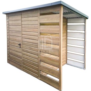 Schowek - domek ogrodowy 2x1,5m + wiata 0,8m  - drzwi - winchester - drewnopodobny - dach spad w tył ID668