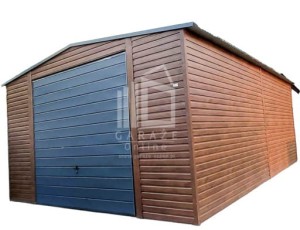 GARAŻ BLASZANY 5m x 7m poziom - dwuspad - Brama uchylna - ciemny orzech - podwyższenie ID109 5x7 
