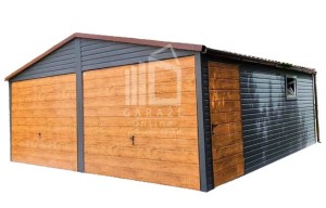 GARAŻ BLASZANY 6m x 5,5m dwuspad - 2x Brama uchylna + drzwi + okno - antracyt - drewnopodobny antracyt+ jasny orzech ID110 6x5,5