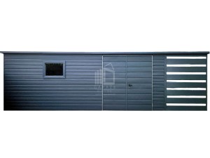 Schowek - Domek Ogrodowy 6,5x2,5m + wiata 1,5x2,5m - Brama dwuskrzydłowa - okno - Antracyt - Grafit  - dach spad w tył  ID720