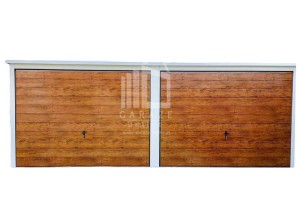 GARAŻ BLASZANY 6m x 5,8m poziom - spad tył 2x Brama + drzwi - jasny orzech +biały ID114 6x5,8