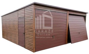 GARAŻ BLASZANY 6m x 5,8m poziom - spad tył 2x Brama uchylna + drzwi - ciemny orzech - drewnopodobny ID115 6x5,8