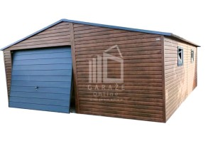 GARAŻ BLASZANY 6m x 6m dwuspad - Brama uchylna - ciemny orzech - dodatkowe drzwi - 2x okno ID118 6x6 