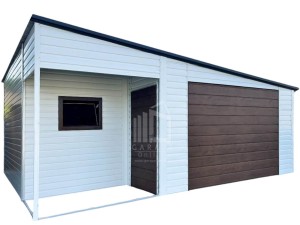 Garaż Blaszany 5x6m - wnęka 2m - brama uchylna - okno - drzwi - biały - ciemny orzech - dach spad w bok ID914