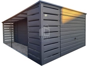 Garaż blaszany 3x6m + wiata 1m - Brama uchylna - drzwi - antracyt - dach spad w tył ID965