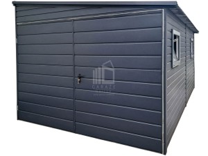 Garaż blaszany 3x6m - brama dwuskrzydłowa - 2x okno - antracyt - dach spad w bok ID754
