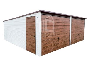 GARAŻ BLASZANY 6m x 6m poziom - spad tył 2x Brama uchylna - ciemny orzech + biały - dodatkowe drzwi ID126 6x6