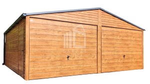 GARAŻ BLASZANY 6m x 7m poziom - dwuspad 2x Brama  - okno - rynny - drewnopodobny złoty dąb ID127 6x7