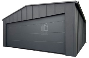 Garaż blaszany Premium 6x5,8 - Brama segmentowa - drzwi - okno - rynny - antracyt - Blacha na Rąbek - dach dwuspadowy ID1015