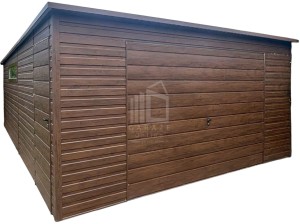 Garaż blaszany 5x6m - brama uchylna - drzwi - okno - ciemny orzech - drewnopodobny - dach spad w tył  ID1031