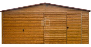 Garaż blaszany 6,2x6m - brama uchylna - drzwi - jasny orzech - drewnopodobny - rynna - dach dwuspadowy ID1036