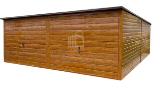 Garaż blaszany 6x6m - 2x brama uchylna - jasny orzech - drewnopodobny - rynna - dach spad w tył ID1037
