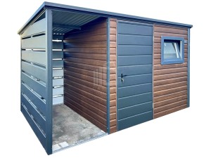 Schowek - domek ogrodowy 2,5x2m - wiata 1m - drzwi - okno - ciemny orzech - drewnopodobny - dach spad w tył ID1103