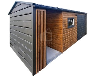 Schowek - domek ogrodowy PREMIUM 4x2,5m - wiata 2m - brama - okno - jasny orzech - drewnopodobny - dekor z lameli - rynna - dach dwuspadowy odwrócony - blachodachówka  ID1106