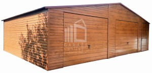 GARAŻ BLASZANY 9m x 6m poziom - dwuspad 2x Brama + drzwi - jasny orzech ID131 9x6