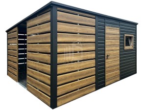 Schowek - domek ogrodowy PREMIUM 2,3x3m - wiata 1,5m - drzwi - okno - antracyt - winchester - drewnopodobny - spad dachu w tył ID1127