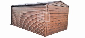 GARAŻ BLASZANY 3m x 6m poziom - dwuspad - Brama uchylna - ciemny orzech rynny ID142 3x6