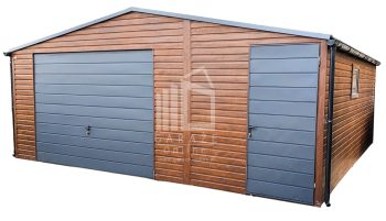 GARAŻ BLASZANY 6m x 5,8m poziom - dwuspad - Brama + drzwi + okno - drewnopodobny + antracyt Blachodachówka ciemny orzech ID167 6x5,8