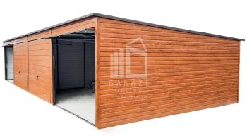GARAŻ BLASZANY 12m x 6m poziom - spad tył  - 4x Brama uchylna - jasny orzech drewnopodobny ID172 12x6