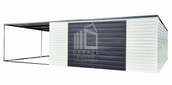 GARAŻ BLASZANY 6m x 6m poziom - wiata - spad tył - Brama uchylna + drzwi - czarny + biały ID173 6x6
