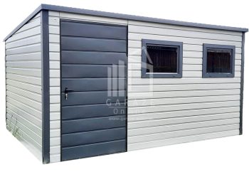 SCHOWEK - DOMEK OGRODOWY 3,5m x 3m spad tył - drzwi + 2x okno - biały + antracyt ID176 3,5x3