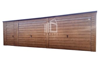 GARAŻ BLASZANY 8m x 6m poziom - spad tył - 2x Brama uchylna + drzwi - drewnopodobny ID200 8x6