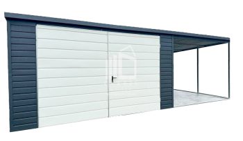 GARAŻ BLASZANY 4m x 6m poziom - wiata 3x6 - spad tył - Brama - antracyt + biały ID201