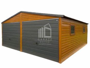 GARAŻ BLASZANY 6m x 6m poziom - dwuspad  - 2x Brama + drzwi + 2x okno - złoty dąb drewnopodobny + antracyt ID203 6x6
