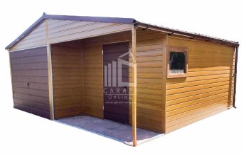 GARAŻ BLASZANY 6m x 6m poziom - dwuspad - Brama + drzwi + okno - wnęka jasny orzech + brąz ID204 6x6