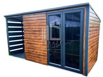 SCHOWEK - DOMEK OGRODOWY PREMIUM 3m x 2m + wiata 1,5m spad w tył jasny orzech ID268 3x2