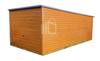 GARAŻ BLASZANY 3m x 5m poziom - spad tył  Brama uchylna - drewnopodobny złoty dąb  ID85 3x5