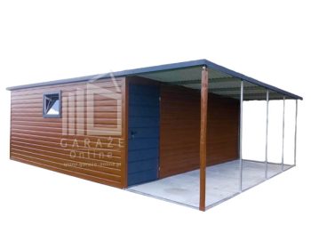 GARAŻ BLASZANY 6m x 5m spad w bok wiata 6x5 - drzwi + okno PCV - drewnopodobny ID275 6x5