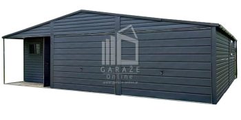 GARAŻ BLASZANY 9m x 6m + wnęka dwuspad - 2x Brama + 3x okno + drzwi + rynny - antracyt ID277 9x6