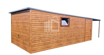 GARAŻ BLASZANY 3m x 6m poziom - spad tył Brama uchylna - wiata - dodatkowe drzwi + okno PCV - drewnopodobny  ID87 3x6