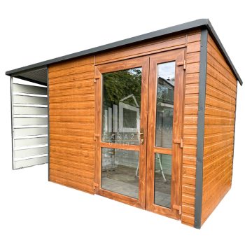 SCHOWEK - DOMEK OGRODOWY PREMIUM 2,5m x 2m + wiata 1,3m spad w tył jasny orzech   ID422 2,5x2