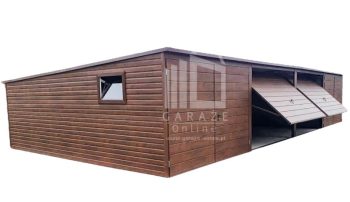 GARAŻ BLASZANY 12m x 5m poziom - spad tył 4x Brama - ciemny orzech ID97 12x5