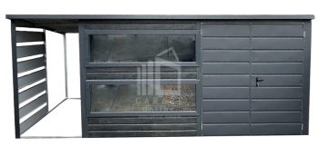 SCHOWEK - DOMEK OGRODOWY PREMIUM 4x2,5 m + wiata 1,2 x 2,5 m - spad tył - brama dwuskrzydłowa - drzwi - 3x otwór - antracyt ID533
