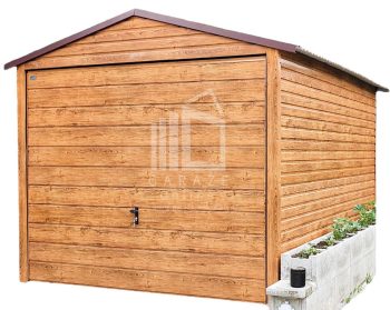 GARAŻ BLASZANY 3m x 6m poziom - dwuspad Brama uchylna - drewnopodobny jasny orzech ID102 3x6