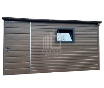 SCHOWEK - DOMEK OGRODOWY 4x3 m spad w przód - drzwi - 2x okno - rynny - ciemny orzech - drewnopodobny ID536