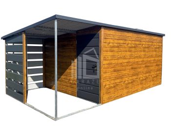 Schowek - Domek Ogrodowy 4x3m + wiata 1,5m - Drzwi - Jasny orzech - Drewnopodobny - Antracyt - Dach Spad w tył  ID557