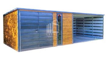 Garaż Blaszany 4x3m + Wiata 4,5x3m - Brama Dwuskrzydłowa - Jasny Orzech - Drewnopodobny - Antracyt - Dach Spad w tył  ID568