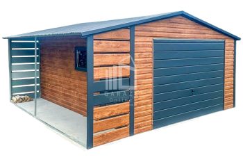 Garaż Blaszany 4x6m + Wiata 1x6m - Brama Uchylna - Okno - Drzwi - Jasny Orzech - Drewnopodobny - Antracyt - dach Dwuspadowy ID569