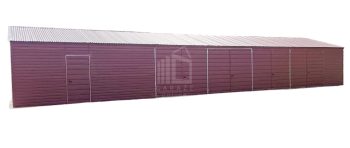 Hala - Garaż Blaszany 20x6m - 4x Brama dwuskrzydłowa - Drzwi - Ciemny Brąz - Dach Dwuspadowy ID607